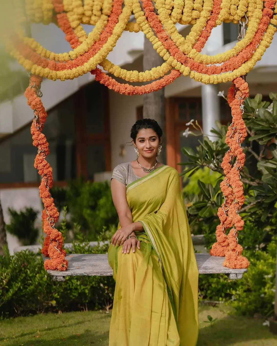 Priya Bhavani Shankar Wearing Beautiful Earrings Jewellery Green Saree